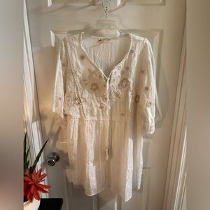 Beige Embroidered Boho Cottagecore Feminine Tunic, Women’s Size M